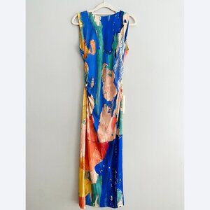 Abstract Printed Sleeveless Midi Dress with Open Back – Bold & Colorful